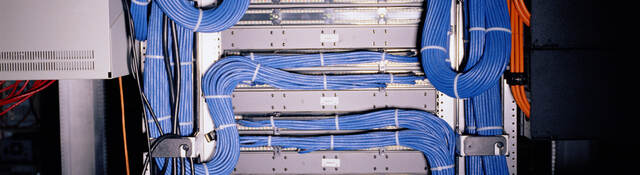 A close-up image of blue telecommunications cable.  