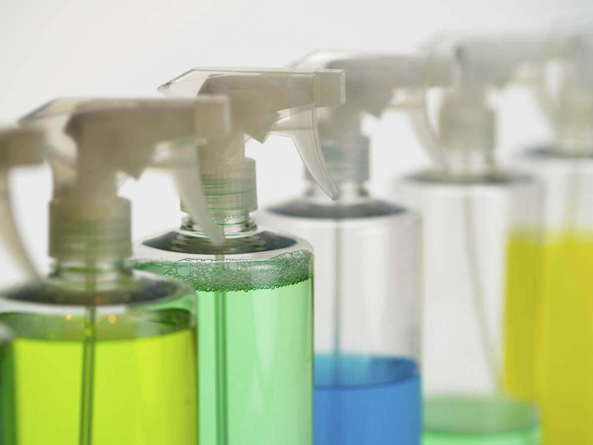 Spray bottles of cleaners and sanitation products