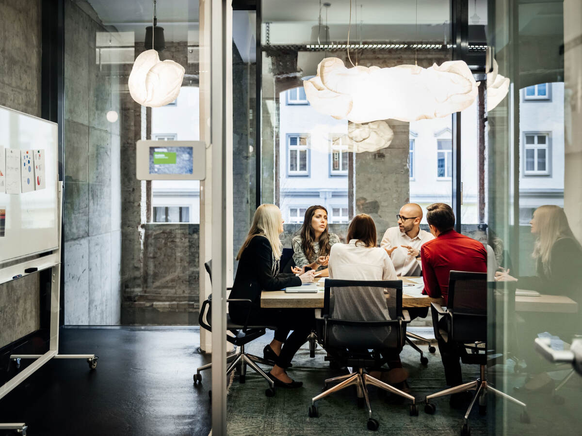 People having a meeting in a conference room